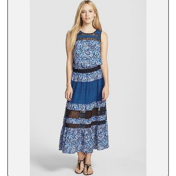 Sz S Michael Kors Blue Lazio Paisley/plaid Print Tiered Maxi Dress W/lace - Picture 8 of 9